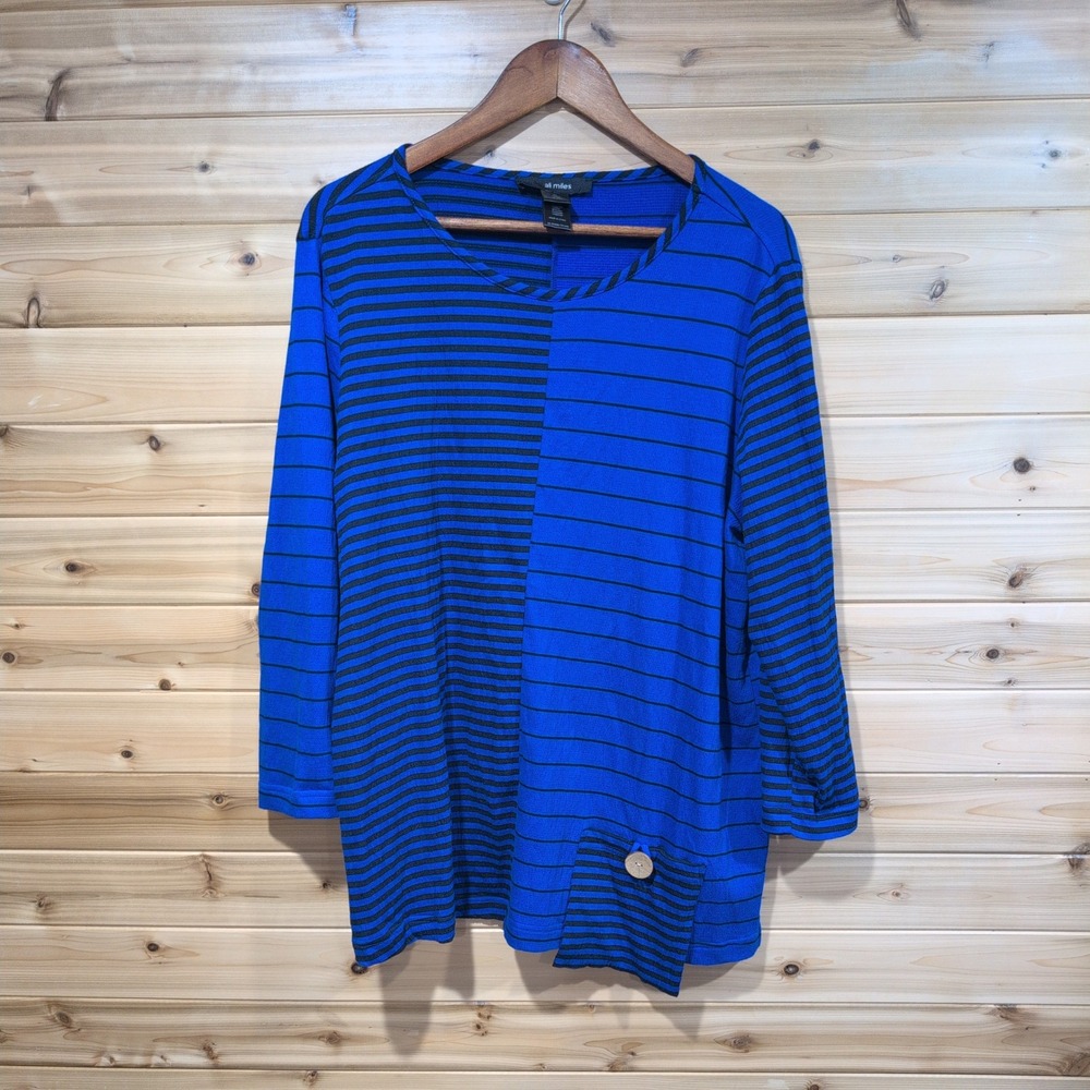 Ali Miles Blue Black Striped Knit Tunic Top Mixed Pattern Button Pocket XL